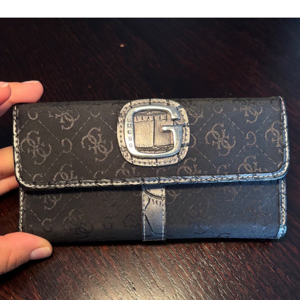 Y2K Guess Monogram Jacquard Trifold Wallet‎ Charcoal Grey Metallic Silver Croc